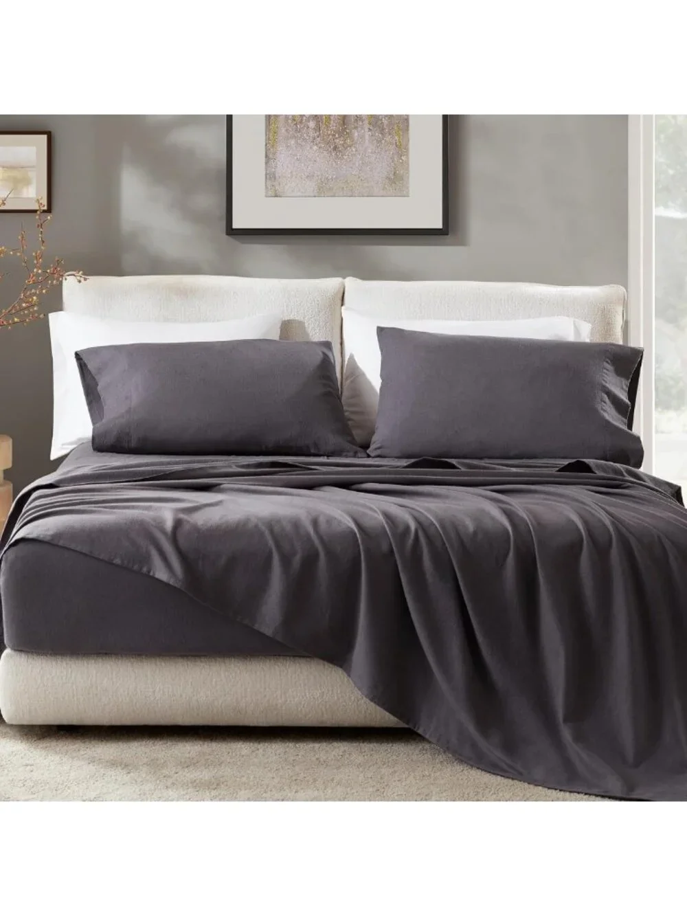 Ultra Soft Cotton Flannel Queen Sheet Set, 4-Piece Dark Grey Bedding, 14